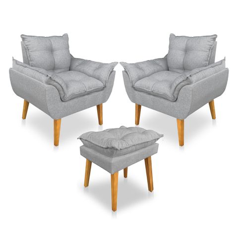 Kit 2 Poltronas Decorativa e Puff Opala Luxo Linho Cinza Dal Poz Estofados