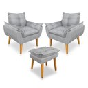 Ver imagem 1 de Kit 2 Poltronas Decorativa e Puff Opala Luxo Linho Cinza Dal Poz Estofados