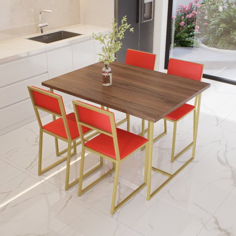 Conjunto Mesa de Jantar Retangular Imbuia 4 Cadeiras Estofado Riviera Industrial Dourado Don Castro 