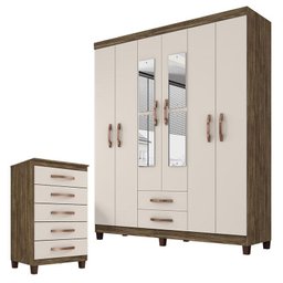Guarda Roupa Casal Modena com Espelho 6 Portas com Espelho e Cômoda Cannes 5 Gavetas Teka Champagne - 1 Guarda Roupa Casal Modena com Espelho 6 Portas com Espelho e Cômoda Cannes 5 Gavetas Teka Champagne - 1