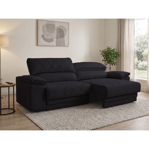 Sofá Leon 2,50m com Molas Retrátil Reclinável Velosuede - Netsofas - Preto