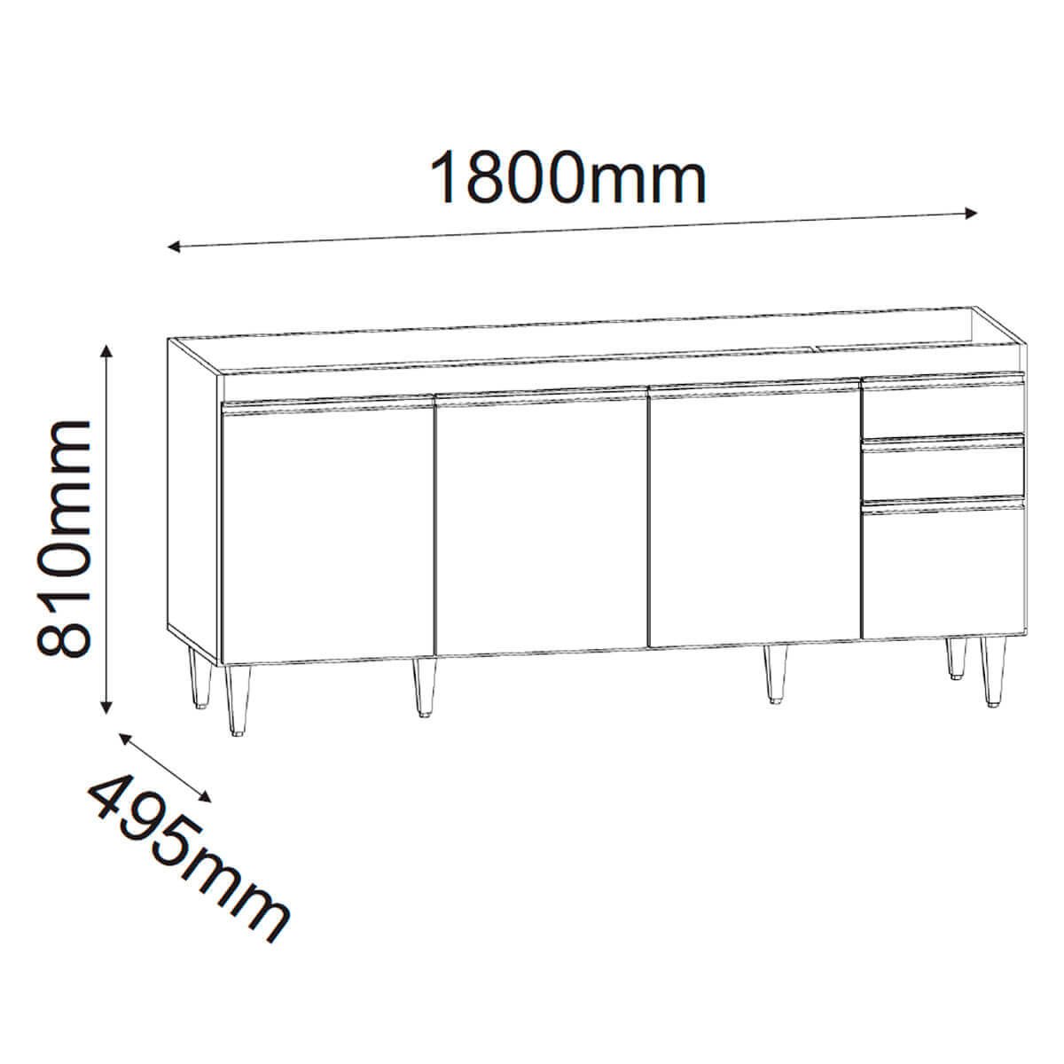 Balcão de Cozinha 180 Cm 4 Portas 2 Gavetas sem Tampo Agatha Preto - 5