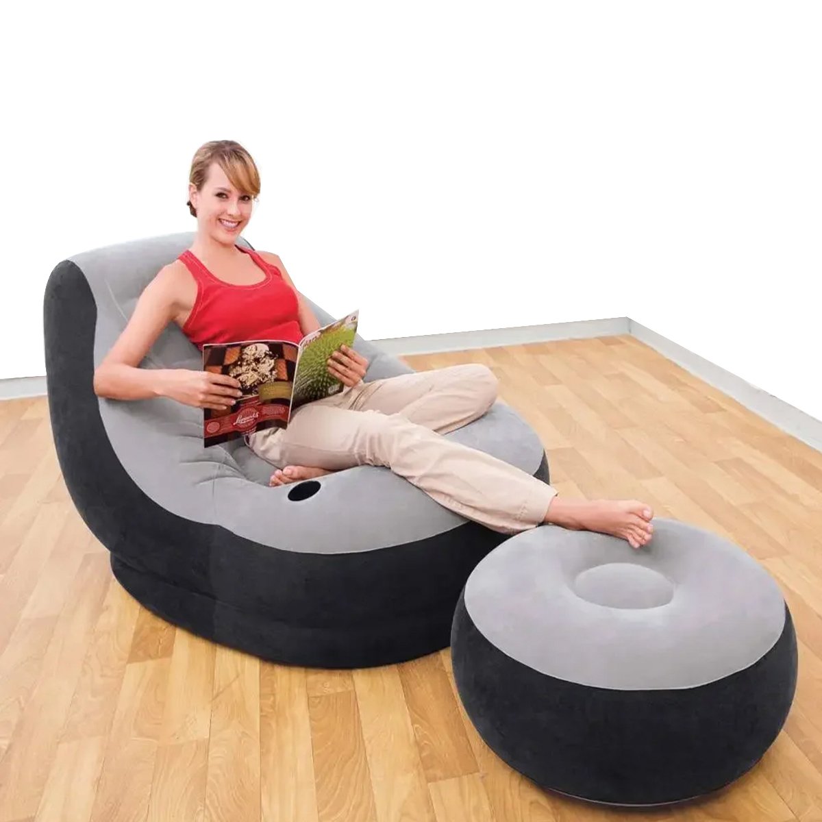 Poltrona Sofa Puff Inflavel Pufe Lounge Sala Estar Porta Copo Descanso Confortavel Multiuso Ar Livre