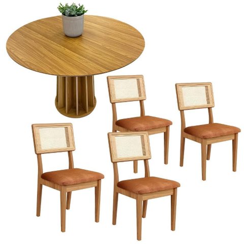 Conjunto de Jantar Mesa Redonda Mdf e 4 Cadeiras Tela Palha Cor:freijó e Terracota