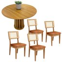 Ver imagem 1 de Conjunto de Jantar Mesa Redonda Mdf e 4 Cadeiras Tela Palha Cor:freijó e Terracota