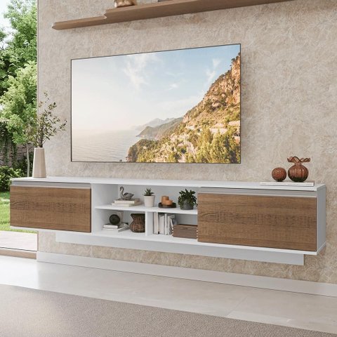 Rack Suspenso para TV até 80 Polegadas 218 cm 2 Portas Branco/Rustic Glamy Madesa