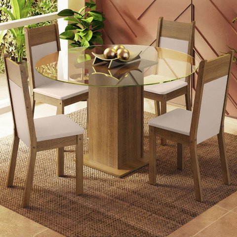 Conjunto Sala de Jantar Madesa Ana Mesa Tampo de Vidro Redondo 4 Cadeiras - Rustic/crema/bege