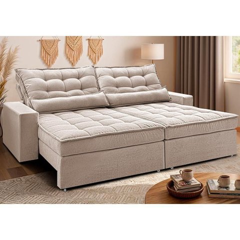 Sofá Retrátil e Reclinável 2,32m Molas Ensacadas Belle. Boucle Cama Inbox Bege Claro