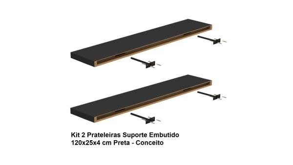 Kit 2 Prateleiras Suporte Embutido 120x25x4 cm Preta - Conceito - 5