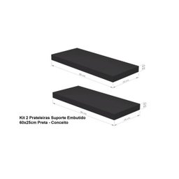 Kit 2 Prateleiras Suporte Embutido 60x25x4cm Preta - Conceito - 6