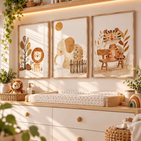 Kit 3 Quadros Infantil Animais Safari Quarto Bebê Menino Menina 40x60 Moldura Madeira NO4