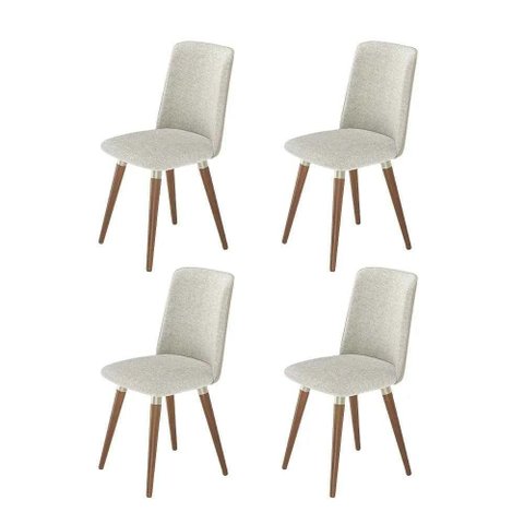 Kit de 4 Cadeiras de Madeira Maciça Estofada Dakota - Natural C/ Bouclé Cru e Pu Off White -