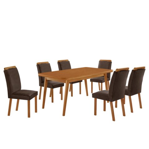 Mesa de Jantar Copper 180cm Tampo MDF Vidro Canto Copo com 6 Cadeiras Madeira Athenas
