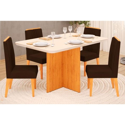 Sala de Jantar Completa Hera Tampo Madeirado C/ Vidro Reto 120x90cm e 4 Cadeiras Lia Cedro/off White