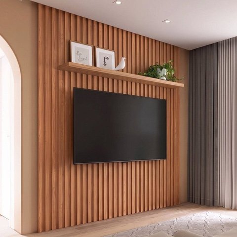 Painel Ripado para TV 80 Polegadas 250CMX223,5cm 100% MDF em Placa com Prateleira Marrom