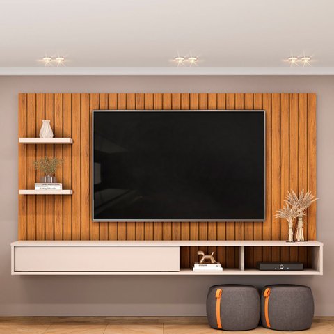 Painel Ripado TV 60 pol com Bancada Suspensa 179cm Joan D05 Freijó Off White - Lyam Decor
