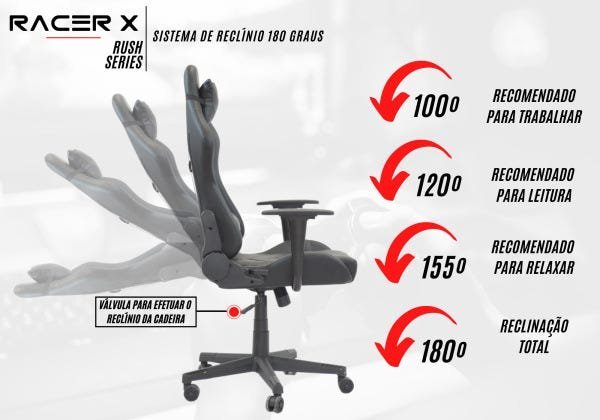 Cadeira Gamer Giratória Modelo Rush Reclinável Racer X Cinza - 10