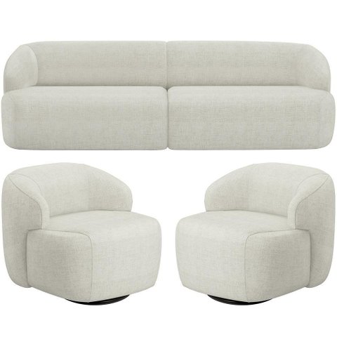 Sofá 3 Lugares Curvo Orgânico com 02 Poltronas Living 250cm Barolo L06 Linho Cru