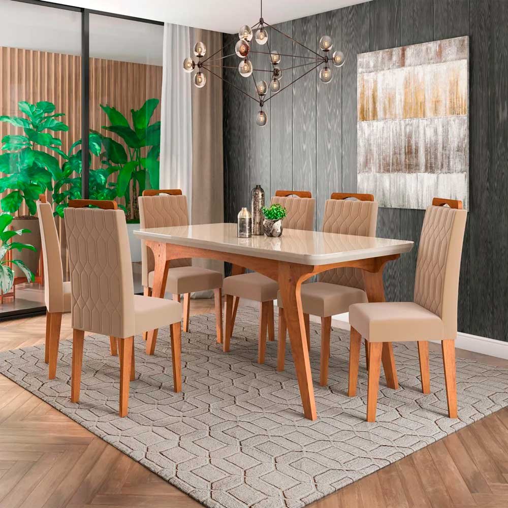 Conjunto de Mesa Com 6 Cadeiras Para Cozinha Tampo Retangular e