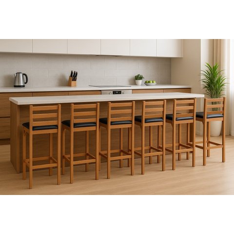 Kit 6 Banquetas Altas Madeira Maciça Assento Courino Preto Cozinha Bar Balcão