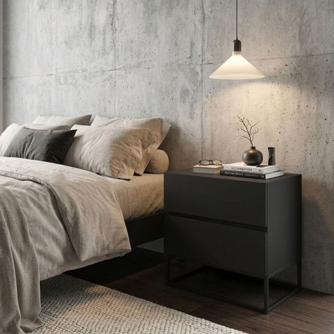 Mesa Cabeceira 2 Gavetas Cor Preto para Cama Casal com Pés de Ferro Estilo Industrial Preto