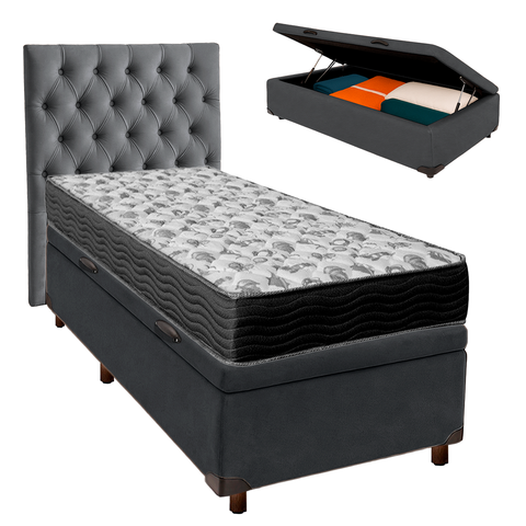 Kit Cabeceira + Cama Box Bau + Colchão Solteiro D33 Iso100 Ortobom