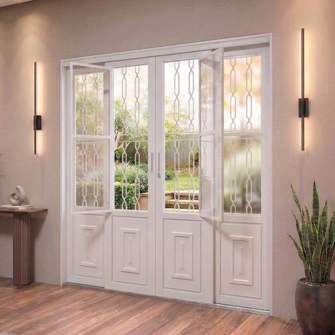 Porta de Aço de Correr 213x200cm 4 Folhas com Grade Mosaico e Vidro Liso Facilita Lucasa