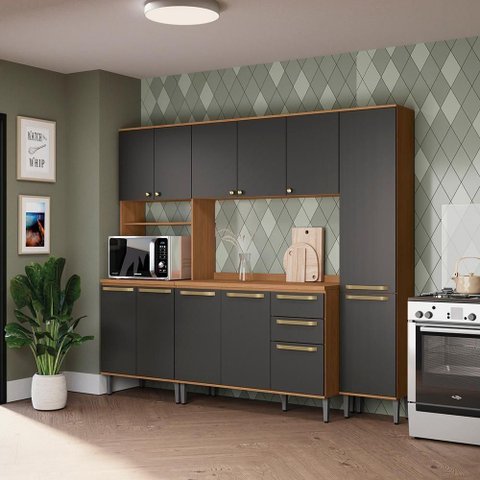 Armário de Cozinha CB1511 11 Portas 3 Gavetas MDF-MDP 230cm Canela e Preto