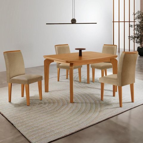 Conjunto Mesa de Jantar 120cm com 4 Cadeiras Estofadas Multimóveis Crrft-CON044 Madeirado/Bege