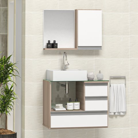 Conjunto Gabinete Banheiro POLO 60cm Madeirado/Branco - Gabinete + Cuba + Espelheira + Tampo Vidro