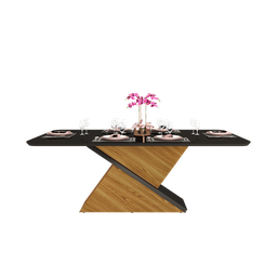 Mesa de Jantar Zafira Tampo Chanfrado Curvo Madeira com Vidro Carvalho/Preto Brilho Dj Móveis - 2