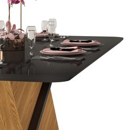 Mesa de Jantar Zafira Tampo Chanfrado Curvo Madeira com Vidro Carvalho/Preto Brilho Dj Móveis - 4