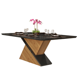 Mesa de Jantar Zafira Tampo Chanfrado Curvo Madeira com Vidro Carvalho/Preto Brilho Dj Móveis - 1