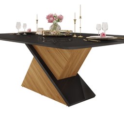 Mesa de Jantar Zafira Tampo Chanfrado Curvo Madeira com Vidro Carvalho/Preto Brilho Dj Móveis - 6