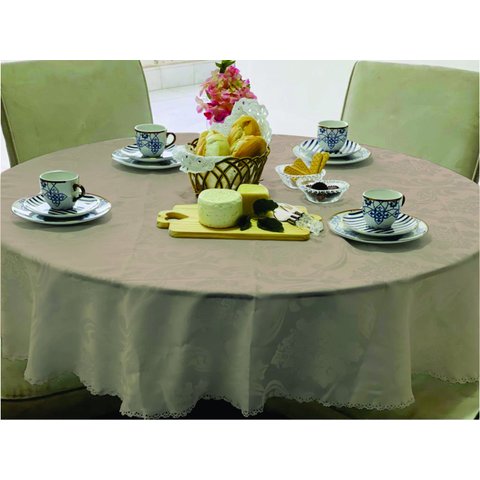 Toalha de Mesa Redonda Jacquard com Acabamento Nas Bordas:bege