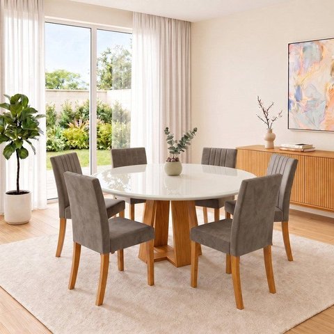 Conjunto Sala de Jantar Mesa Lisa 140cm com Tampo MDF e Vidro Redonda 6 Cadeiras Lily