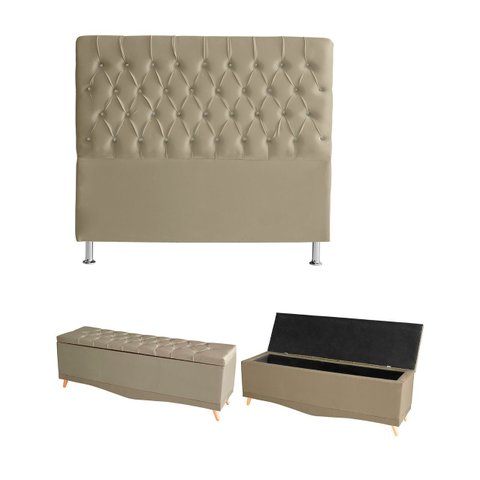 Kit Estrela Cabeceira de Cama Box e Calçadeira Baú Pés Palito Botão Cristal King 195 Cm Suede Bege e