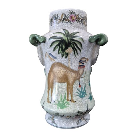 Vaso Decorativo Cerâmica Craquelada Pintado À Mão Camelo Palmeira Volutas 31cm Columbus Gold