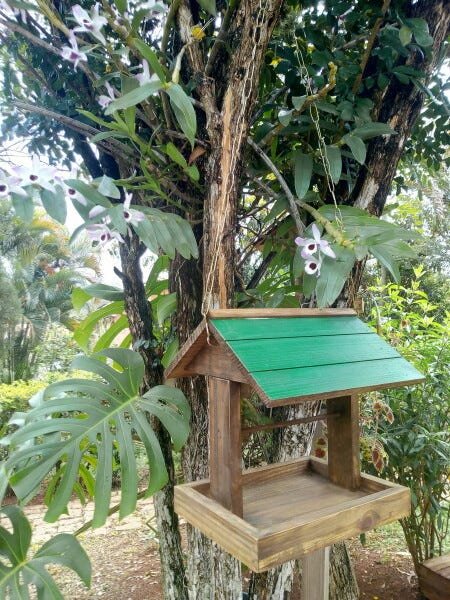 Casinha Comedouro Pequena Para Pássaros em Madeira Rústica telhado Verde com gancho e corrente - 2