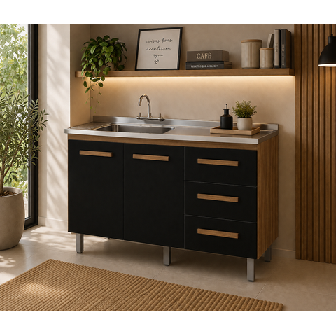 Balcão Gabinete para Pia 120cm Bianca sem Cuba/Tampo - Savana/Preto