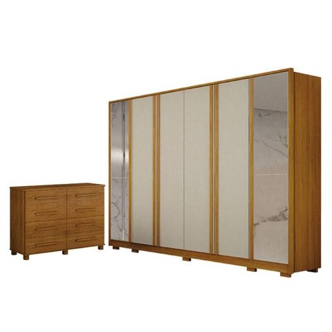Guarda Roupa Casal Ares 6 Portas com Espelho Cinamomo Off-white com Cômoda San Marino 8 Gavetas Cina