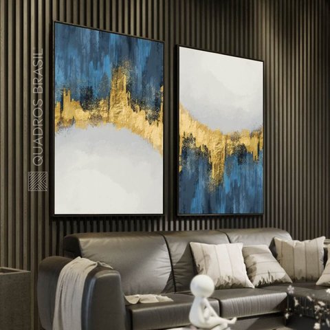 Quadro Decorativo Abstrato Duo Elegante Azul com Dourado