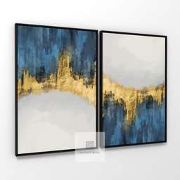 Quadro Decorativo Abstrato Duo Elegante Azul com Dourado - 2