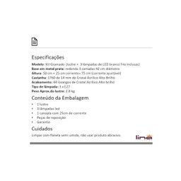 Kit Lustre Cristal Acrílico 42x75 + 3 Lâmpadas LED ACL09 - 2