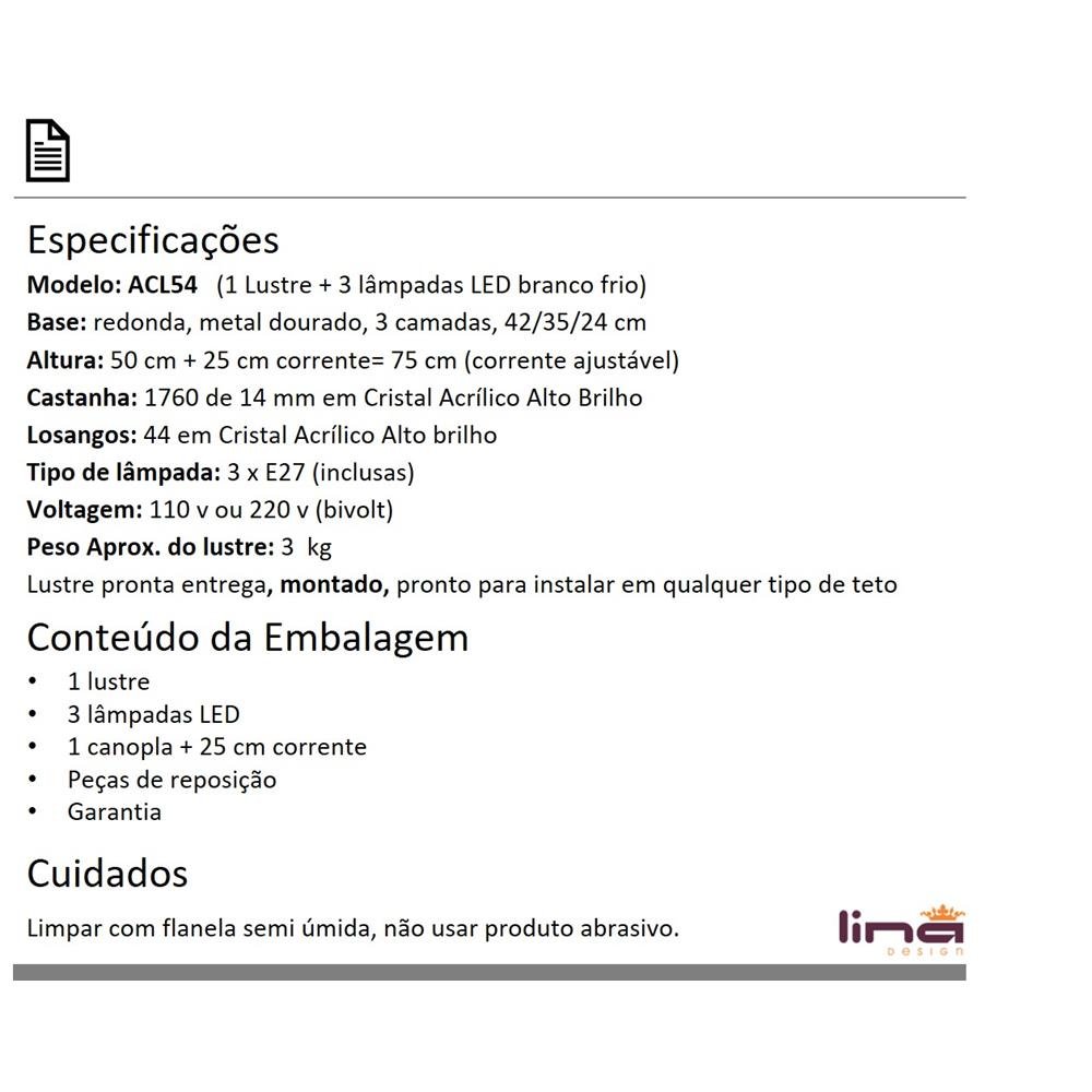 Kit Lustre Cristal Acrílico 42x75 + 3 Lâmpadas Led ACL54 - 5