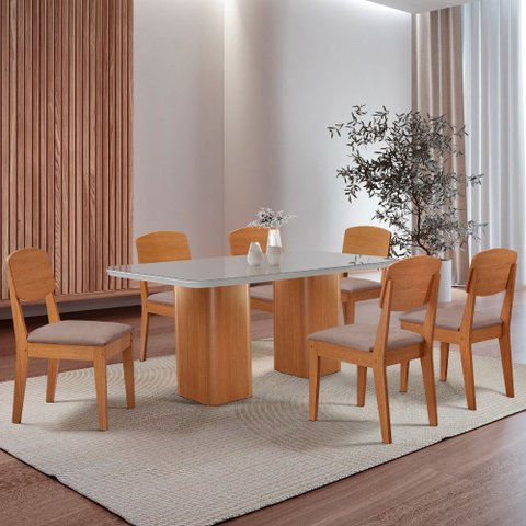 Mesa de Jantar Eloise 180cm Tampo Mdf Vidro com 6 Cadeiras Copper Moderna Mobília
