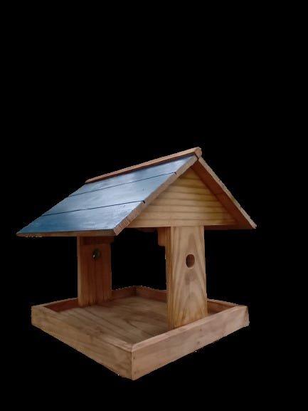 Casinha Comedouro Para Pássaros em Madeira Rústica telhado Azul - 1