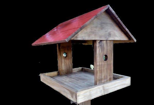 Casinha Comedouro Para Pássaros em Madeira Rústica telhado vermelho - 2