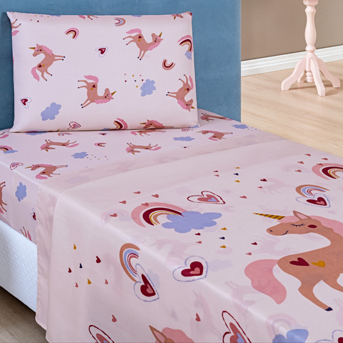 Conjunto de Lencol Solteiro Bouti 3 Pçs Jogo de Cama Infantil 200 Fios Super Macio:unicornio