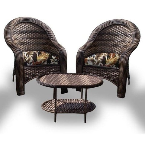 Conjunto de Poltronas Fibra Sintética Karibe - 2 Poltronas + 1 Mesa Centro - Tecido Revieira Marrom